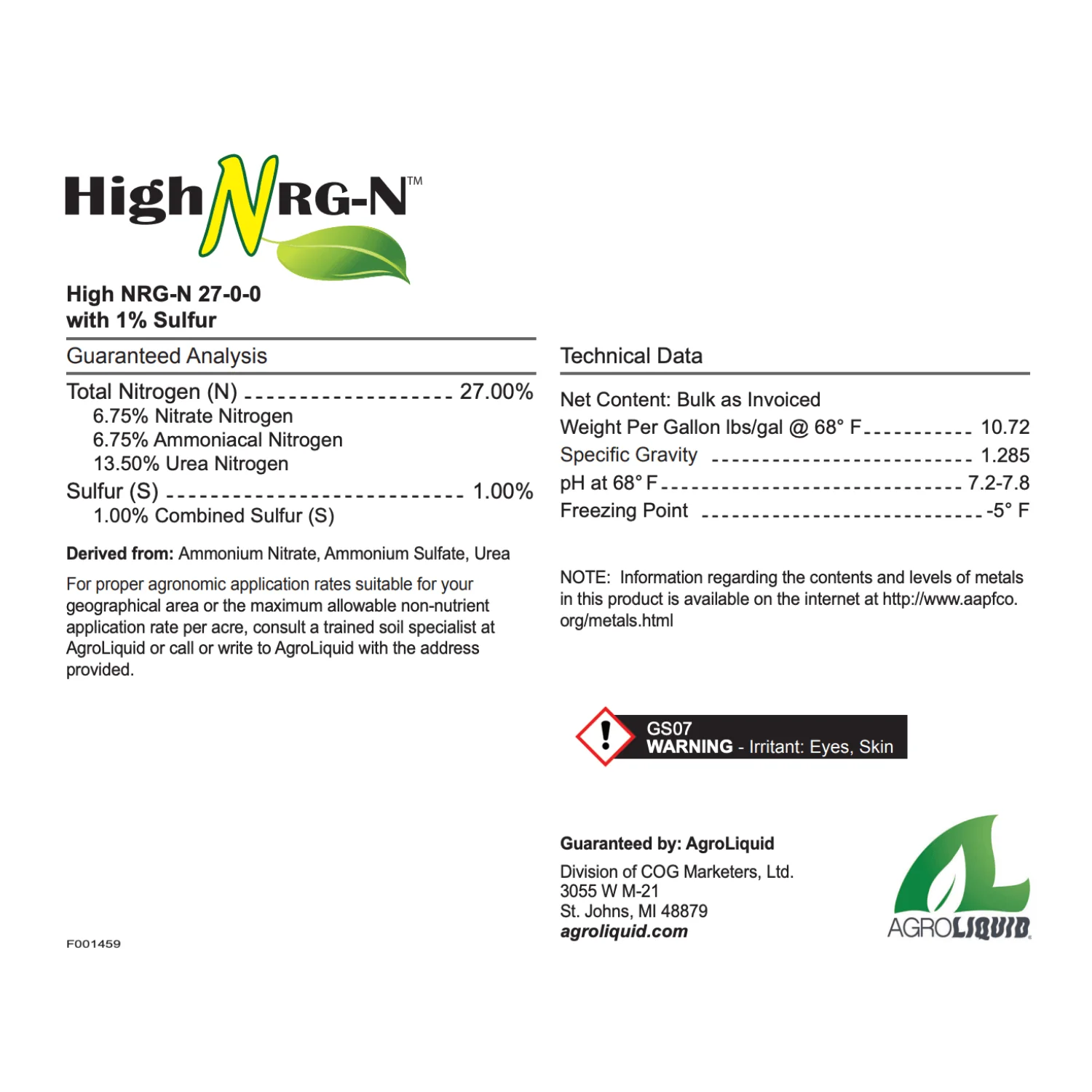 AgroLiquid® High NRG-N 27-0-0-1S Liquid Fertilizer - BULK - Image 2
