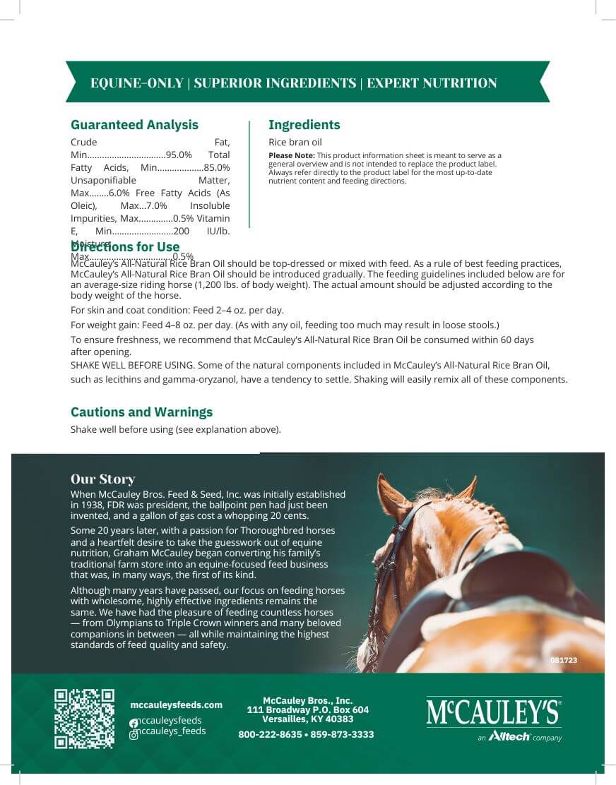 McCauley's All-Natural Rice Bran Oil Horse Supplement - Image 3